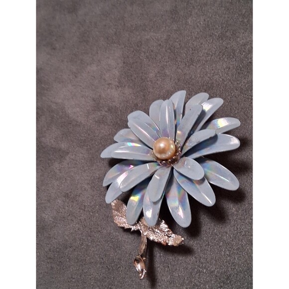 Vintage Enamel Flower Pin Iridescent Blue Coro Pin - Picture 2 of 4